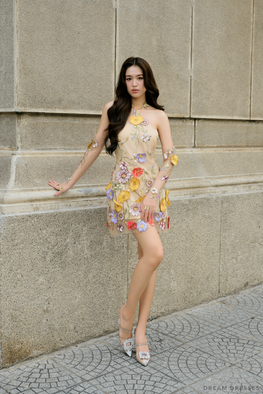 Cocktail Bridal Dress with Colorful 3D Floral Lace (#CAYDIE) - Dream Dresses by P.M.N.