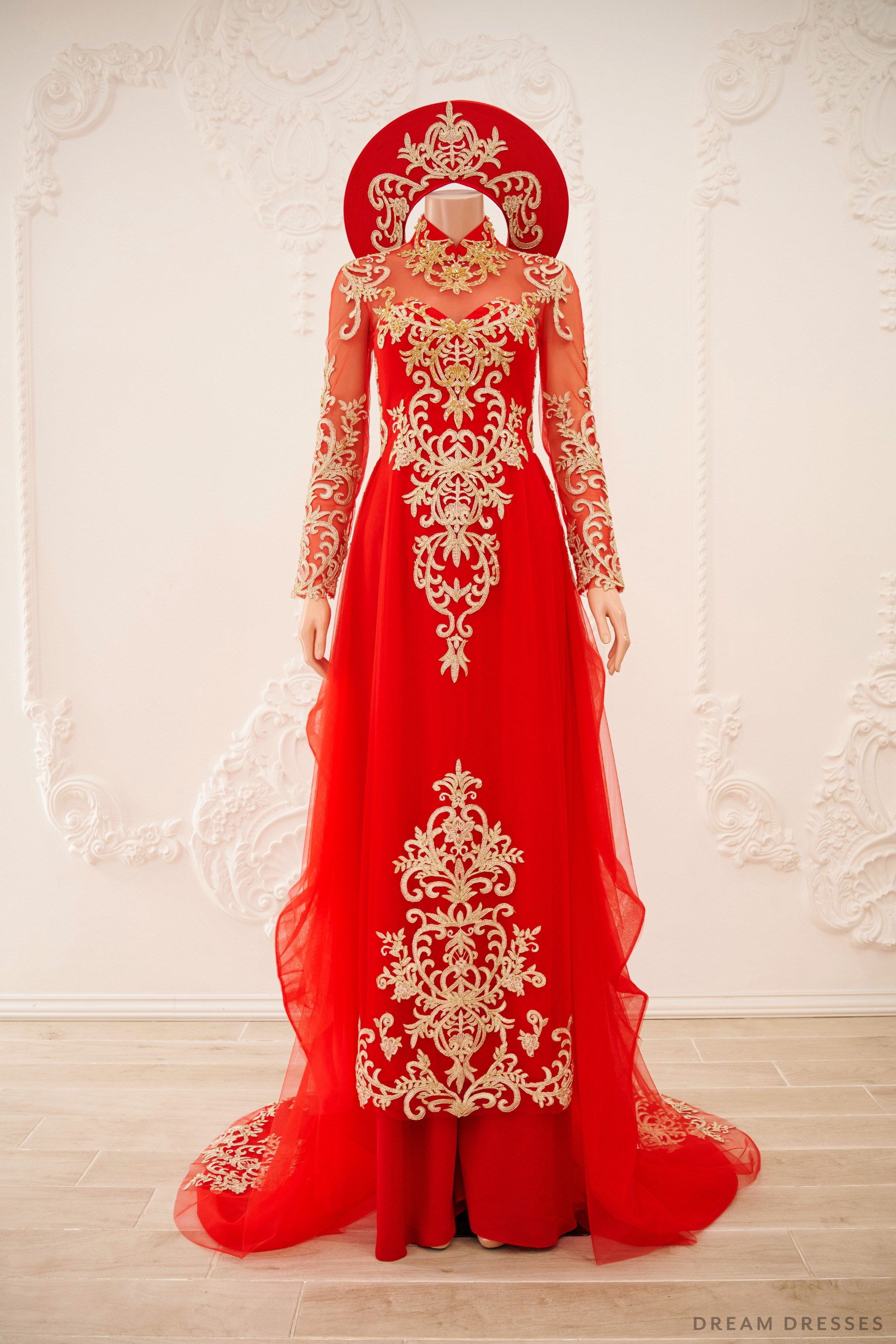 Red Bridal Ao Dai | Vietnamese Traditional Bridal Dress with Gold Lace (#GIATUE)