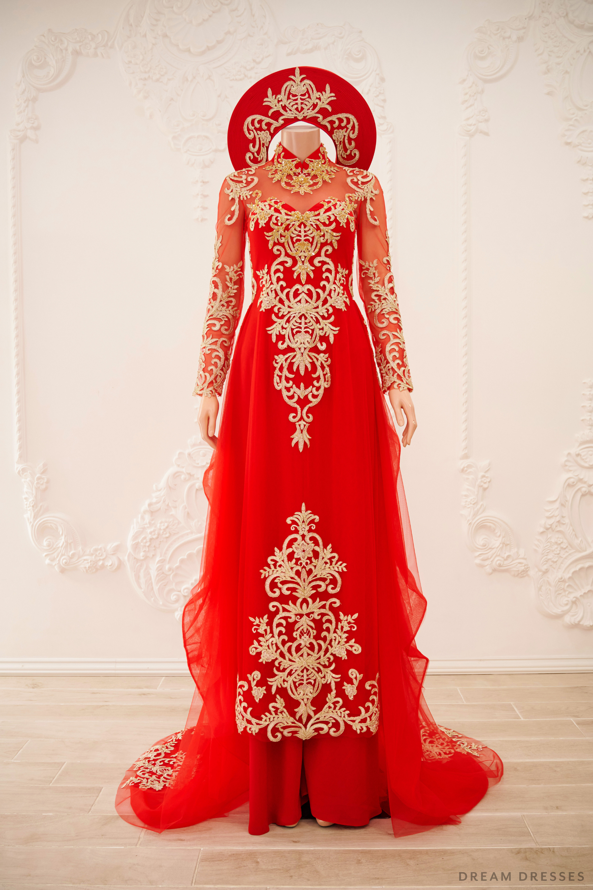 Red Bridal Ao Dai | Vietnamese Traditional Bridal Dress with Gold Lace (#GIATUE) - Dream Dresses by P.M.N.