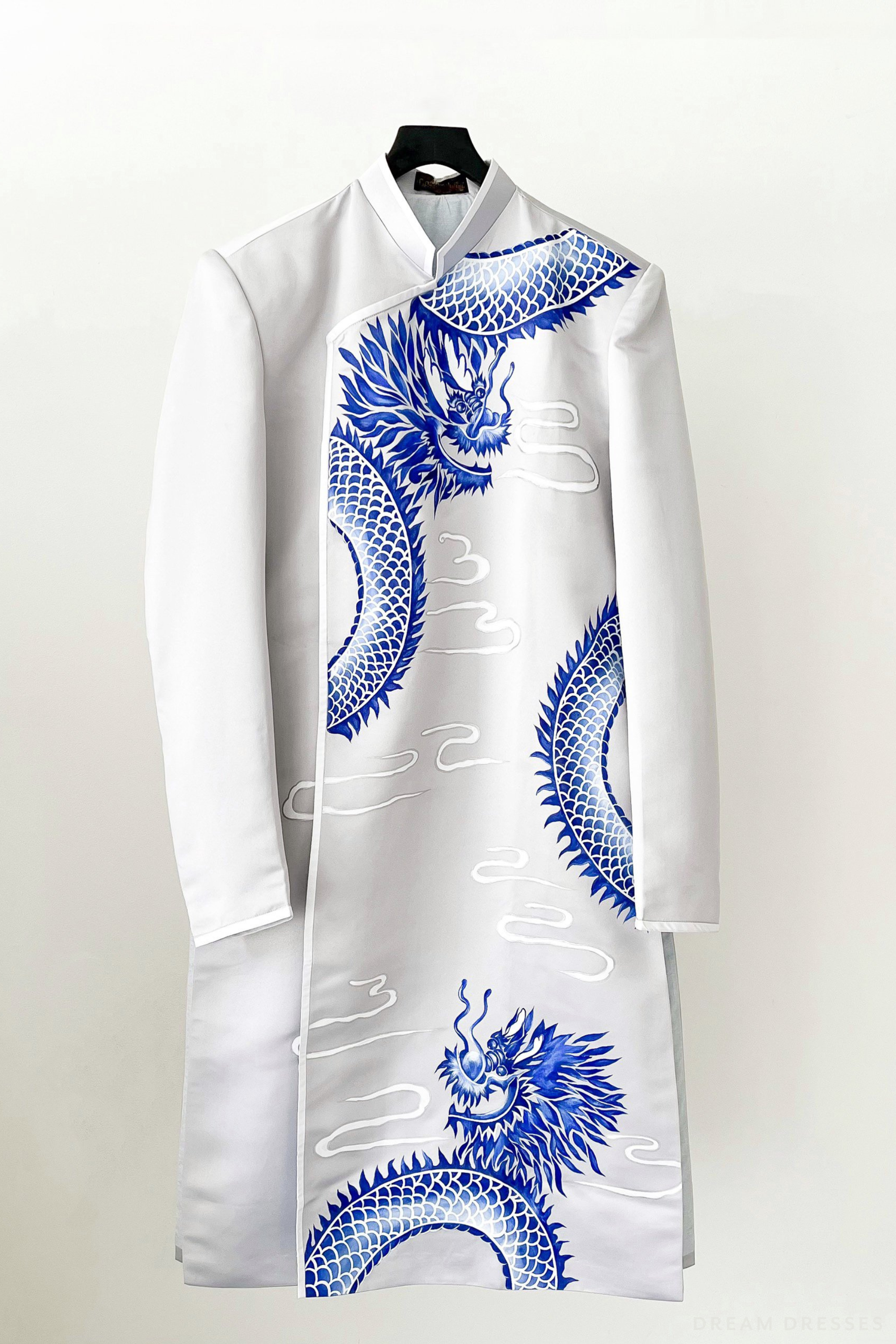 Gray and Blue Groom Ao Dai Jacket | Hand-Painted Dragon Vietnamese Ao Dai (#Khiem)