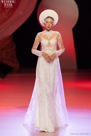 White Bridal Ao Dai | Modern Vietnamese Bridal Dress with French Lace (#AMBERLY)