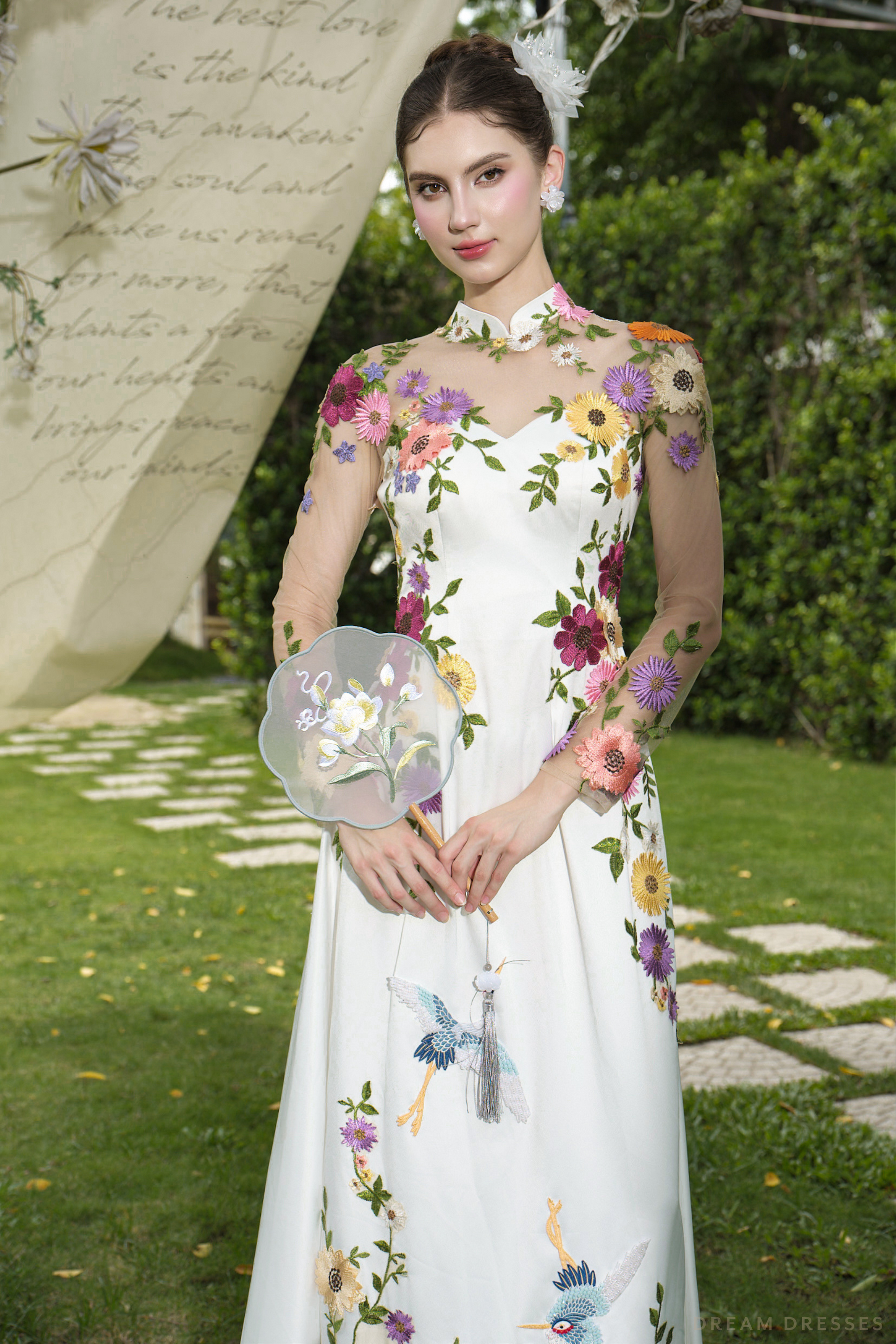 White Floral Embroidered Ao Dai | Vietnamese Modern Bridal Dress (#SAIKA) - Dream Dresses by P.M.N.