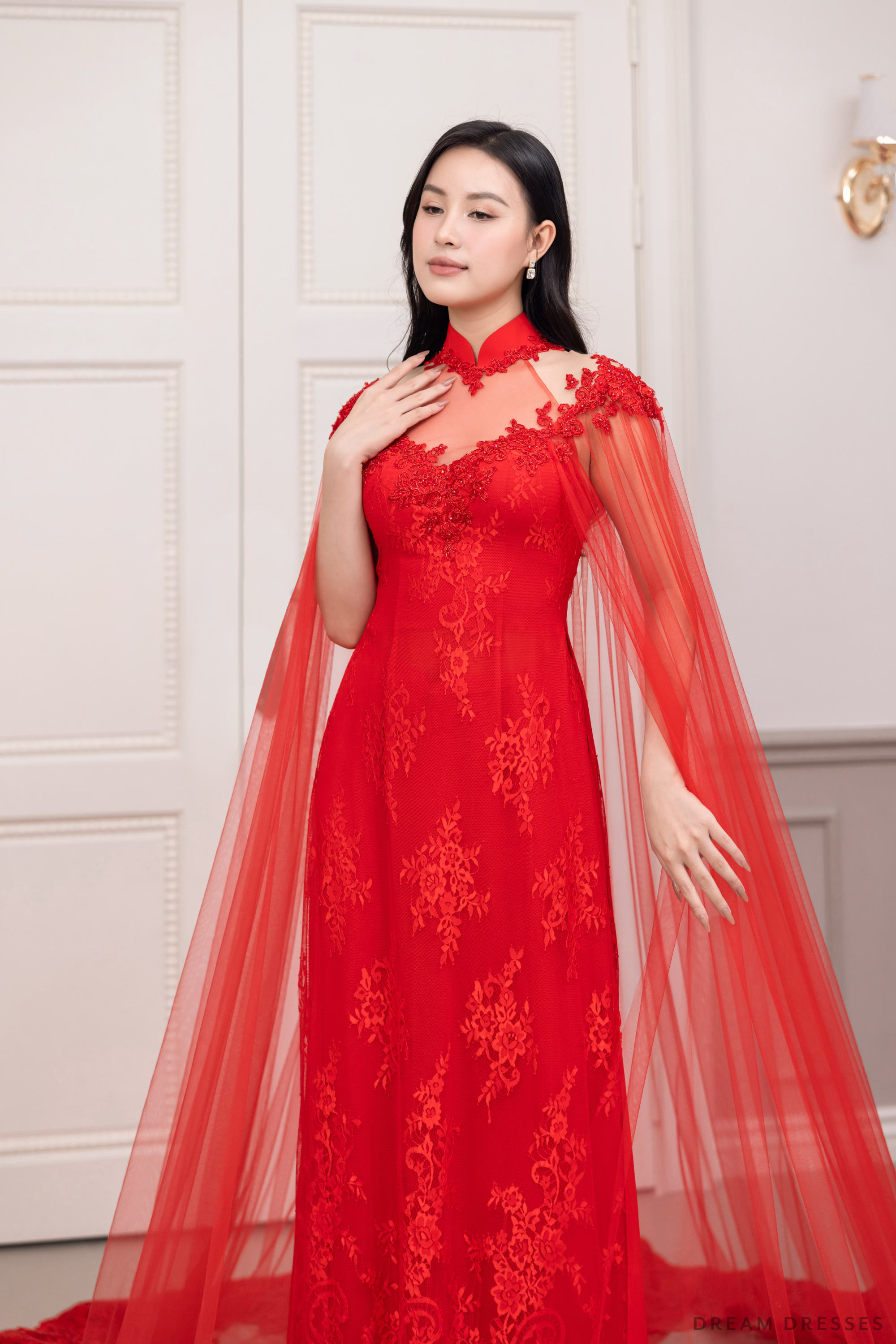 Red Bridal Ao Dai with Cape Sleeves | Vietnamese Bridal Dress (#SHANG)