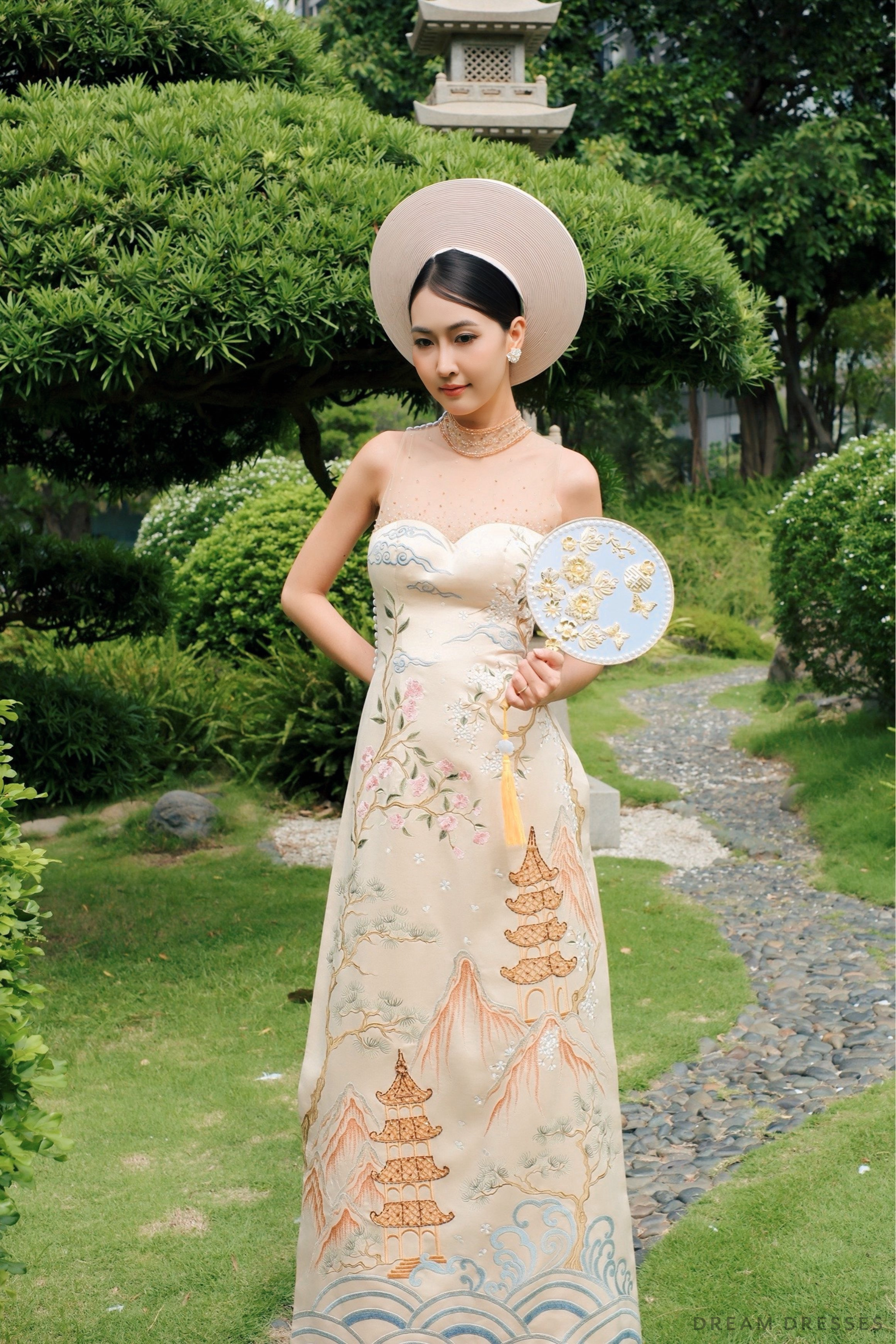 Champagne Bridal Embroidery Ao Dai | Modern Vietnamese Bridal Dress (#MEILYN)