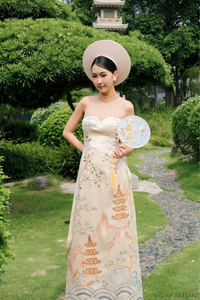 Champagne Bridal Embroidery Ao Dai | Modern Vietnamese Bridal Dress (#MEILYN) - Dream Dresses by P.M.N.
