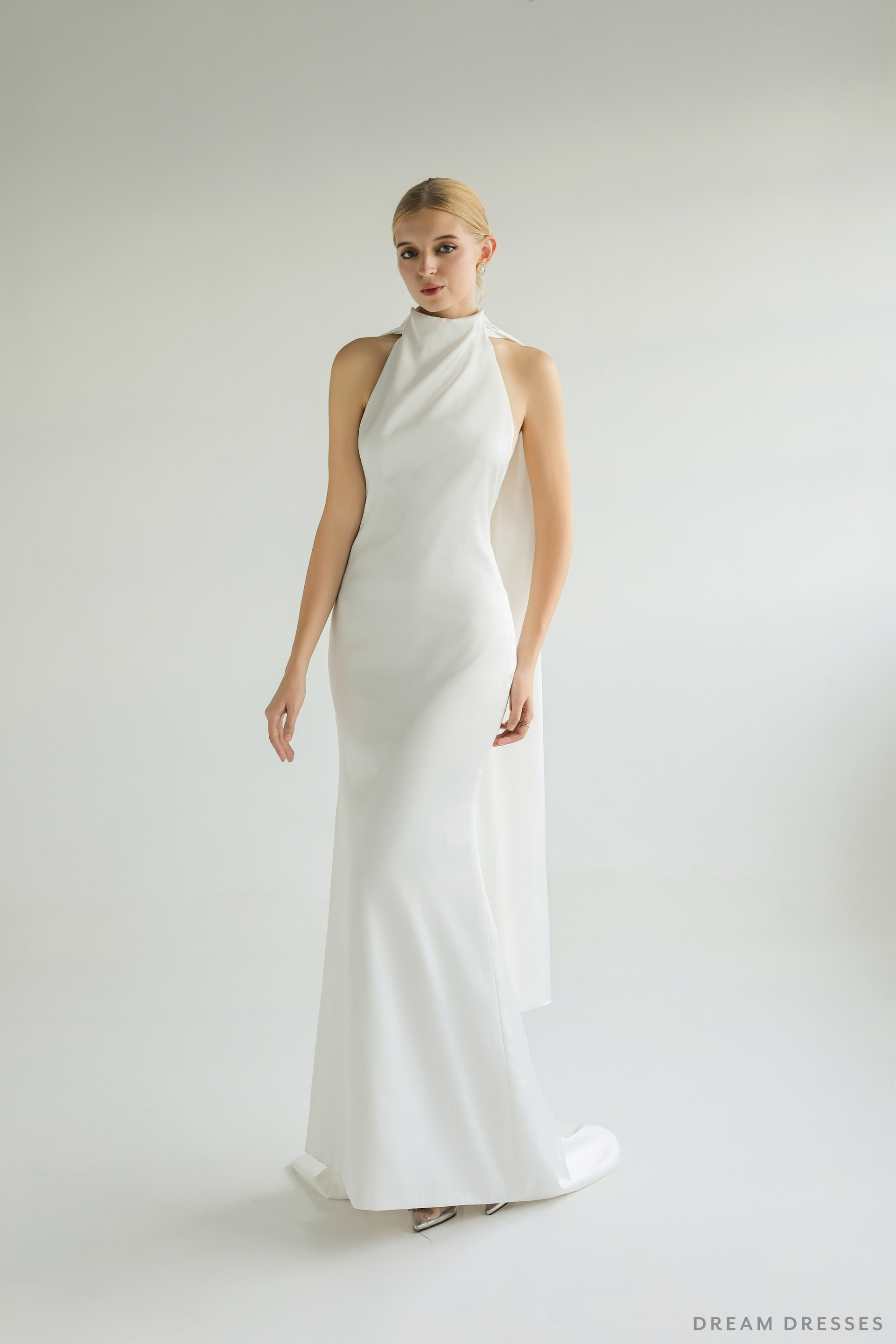 open back white silk dress Vintage A line Strapless Long Sleeves White Silk Satin Backless Weddin PreppyDress