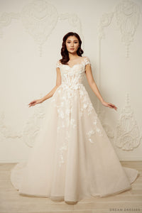 Illusion Neckline Ball Gown with Floral Lace (#JOELLE) - Dream Dresses by P.M.N.