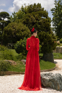 Red Bridal Ao Dai | Modern Vietnamese Bridal Dress with Couture Lace (#STEFANIA) - Dream Dresses by P.M.N.