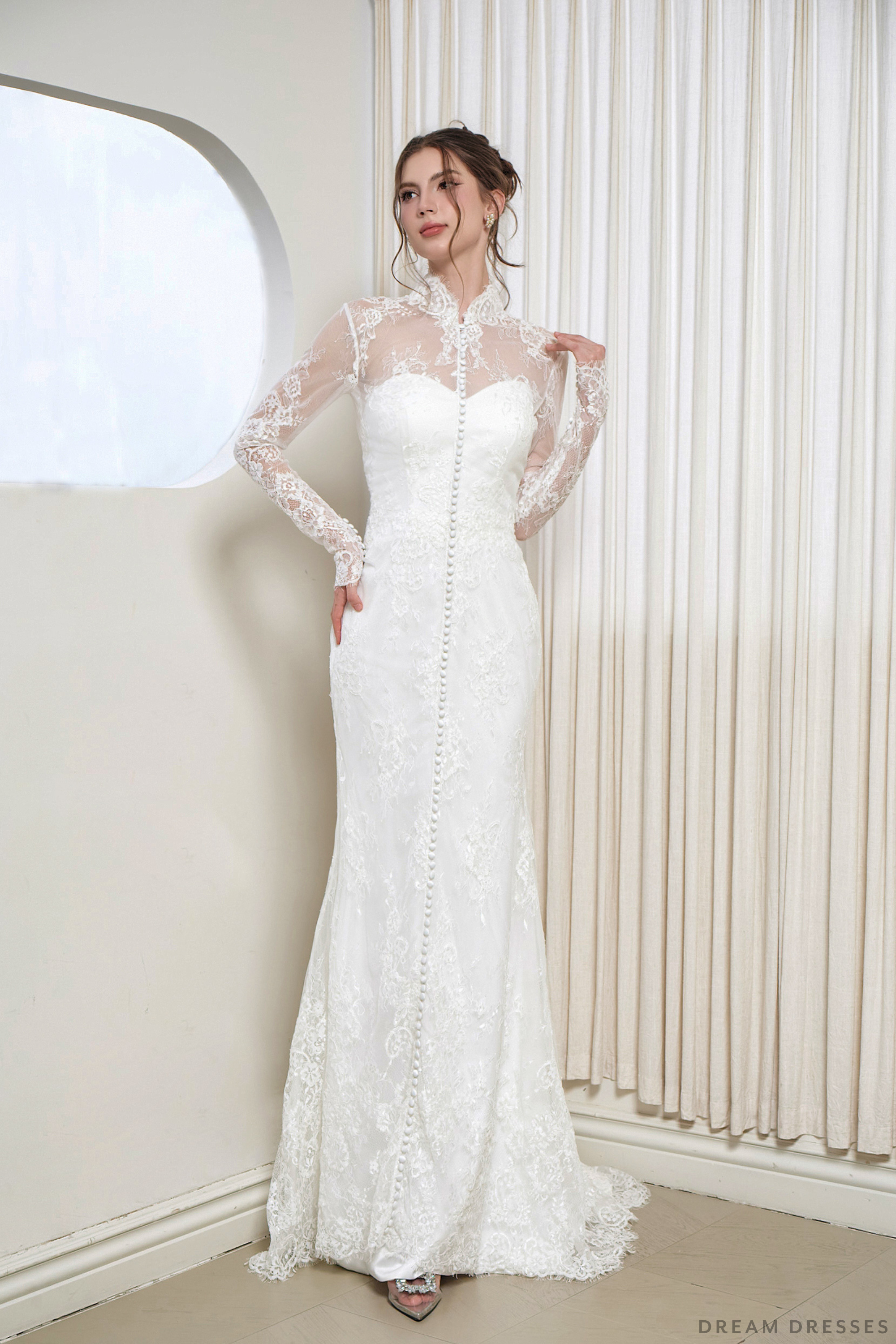 Modest Long Sleeve Wedding Dress with French Lace (#AIYANA)