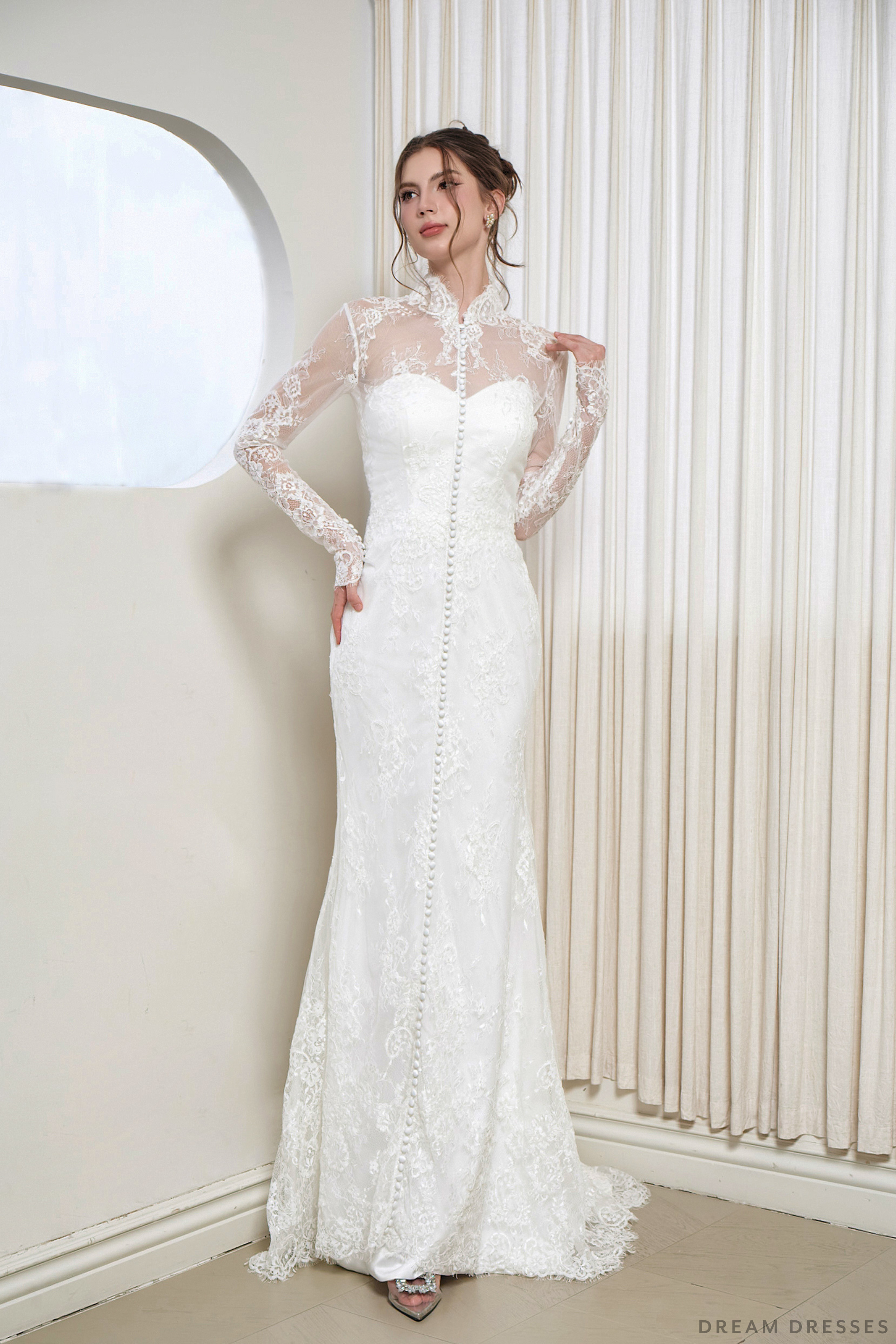 Modest Long Sleeve Wedding Dress with French Lace (#AIYANA) - Dream Dresses by P.M.N.