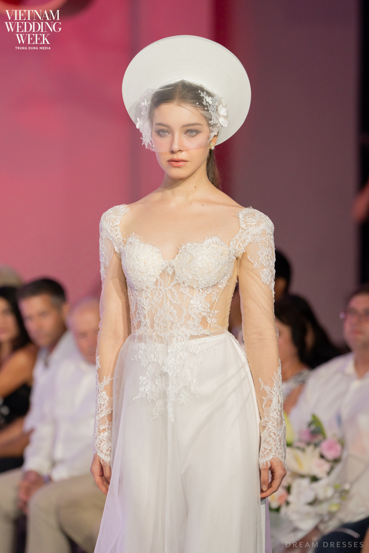 White Bridal Ao Dai | Modern Vietnamese Bridal Dress with French Lace (#HAN) - Dream Dresses by P.M.N.