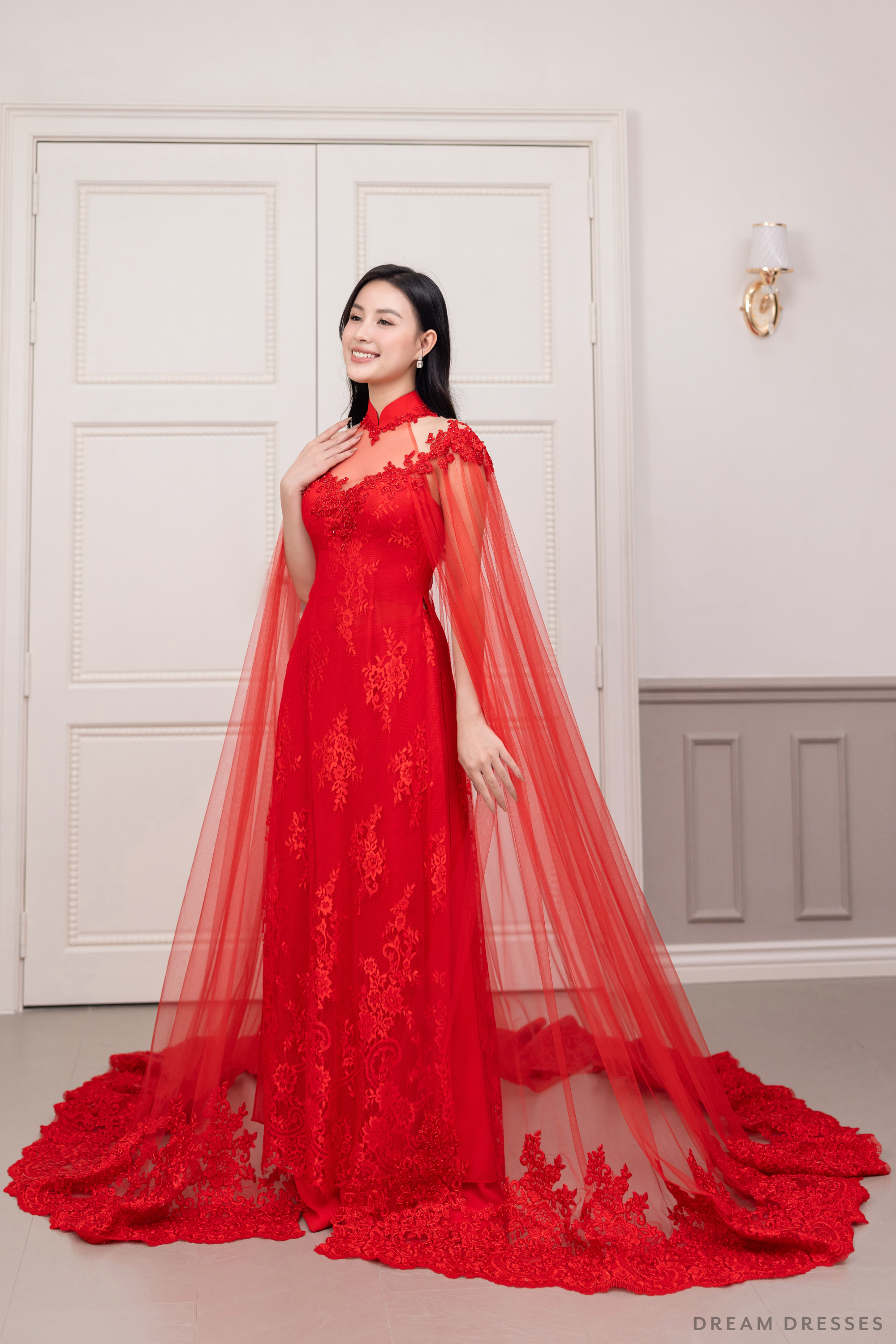 Red Bridal Ao Dai with Cape Sleeves | Vietnamese Bridal Dress (#SHANG)