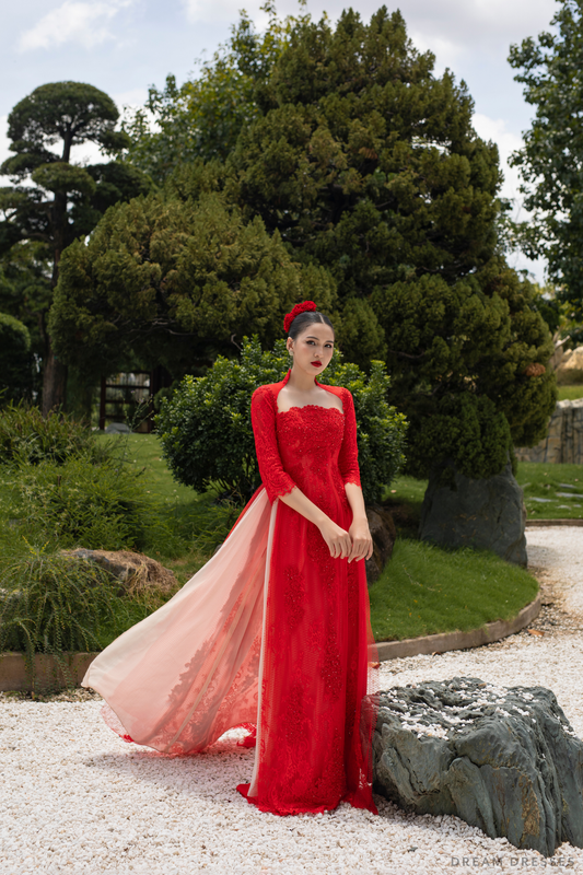 Red Bridal Ao Dai | Modern Vietnamese Bridal Dress with Couture Lace (#STEFANIA) - Dream Dresses by P.M.N.