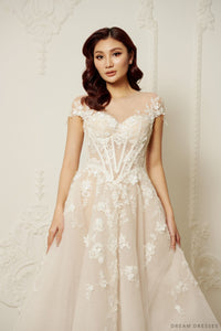 Illusion Neckline Ball Gown with Floral Lace (#JOELLE) - Dream Dresses by P.M.N.