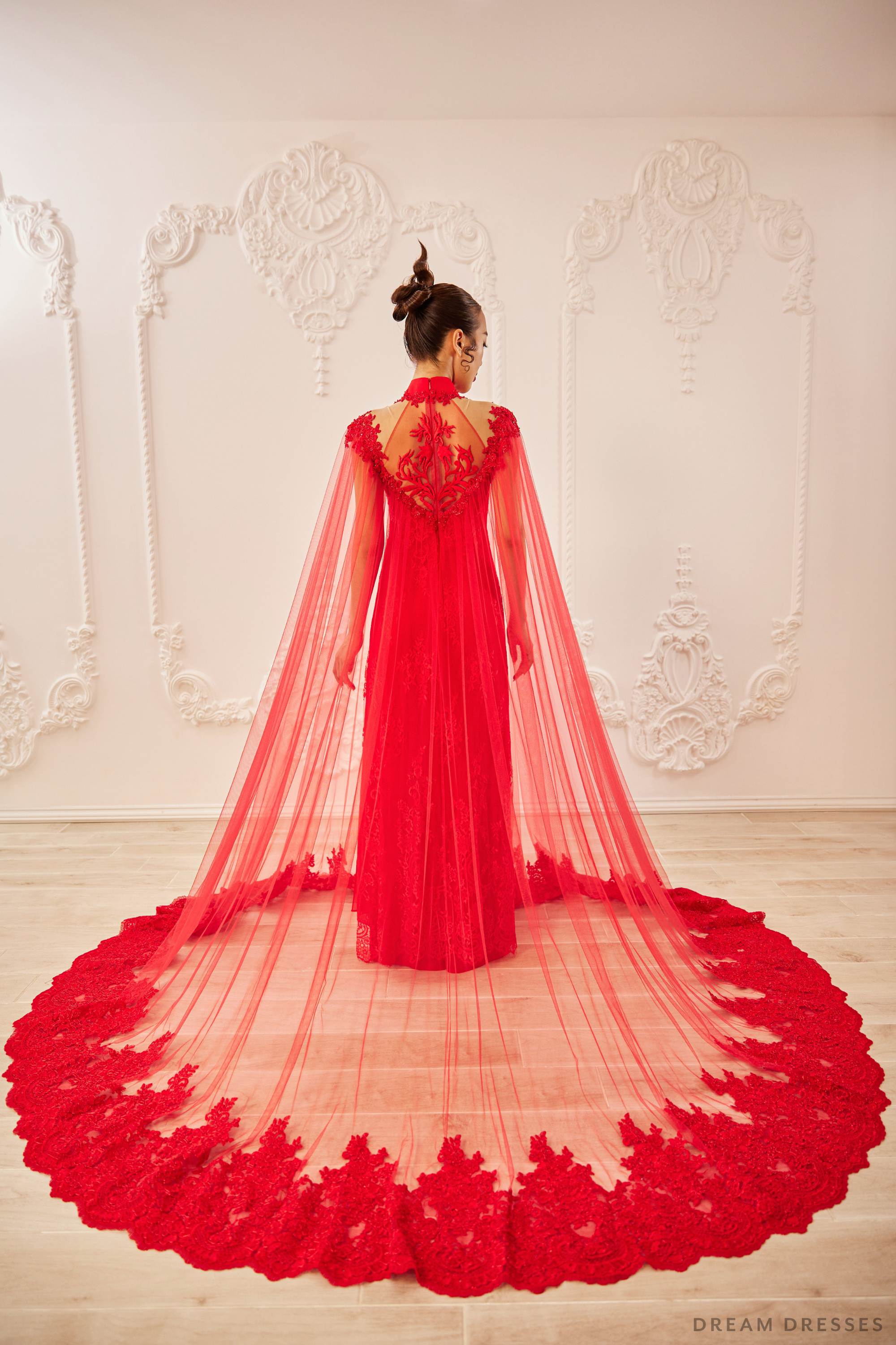 Red Bridal Ao Dai with Cape Sleeves | Vietnamese Bridal Dress (#SHANG)