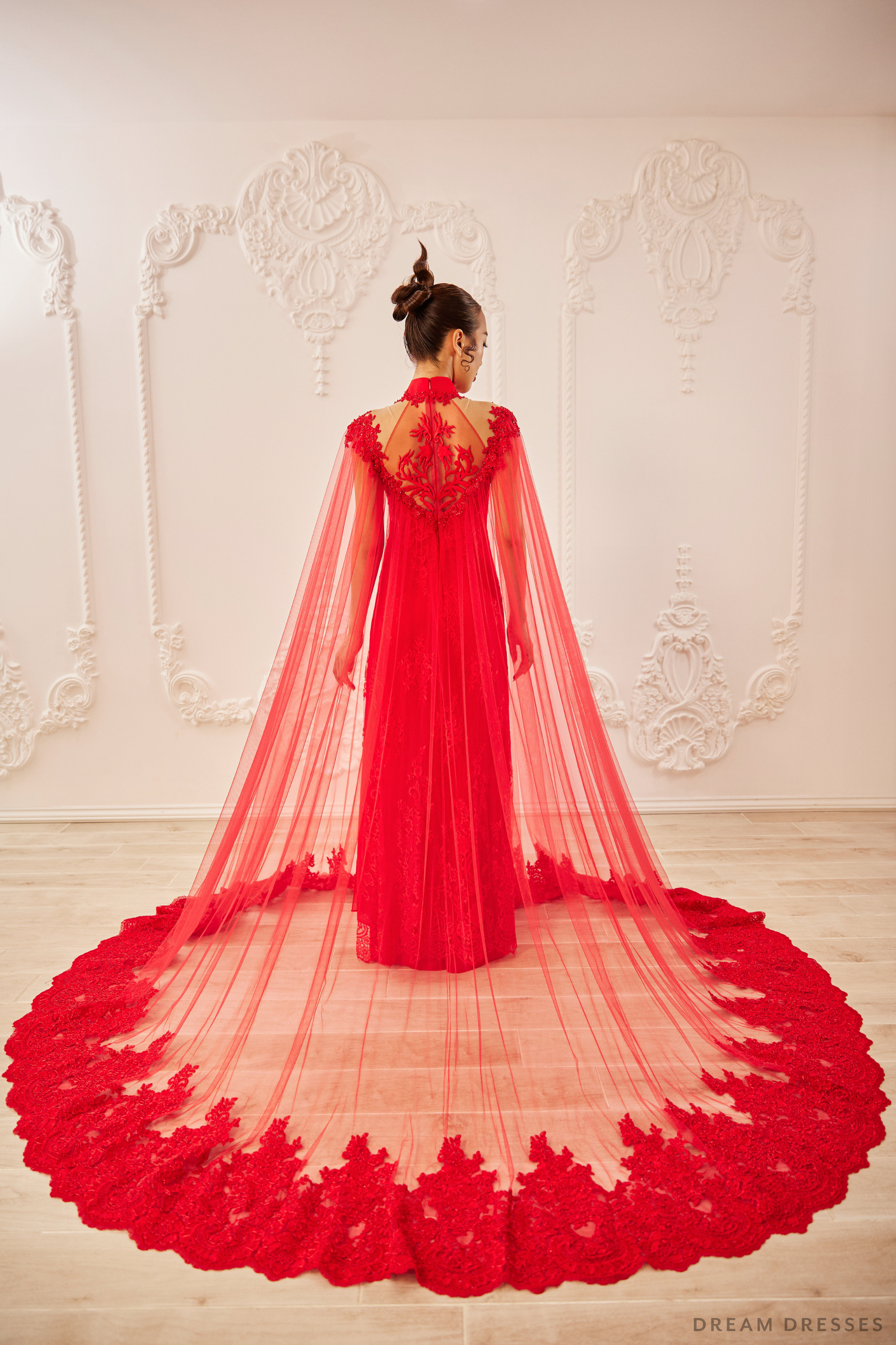 Red Bridal Ao Dai with Cape Sleeves | Vietnamese Bridal Dress (#SHANG) - Dream Dresses by P.M.N.