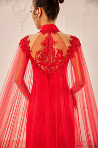 Red Bridal Ao Dai with Cape Sleeves | Vietnamese Bridal Dress (#SHANG) - Dream Dresses by P.M.N.