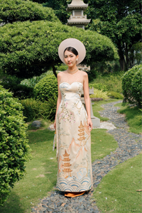 Champagne Bridal Embroidery Ao Dai | Modern Vietnamese Bridal Dress (#MEILYN) - Dream Dresses by P.M.N.