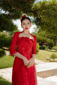 Red Bridal Ao Dai | Modern Vietnamese Bridal Dress with Couture Lace (#STEFANIA) - Dream Dresses by P.M.N.