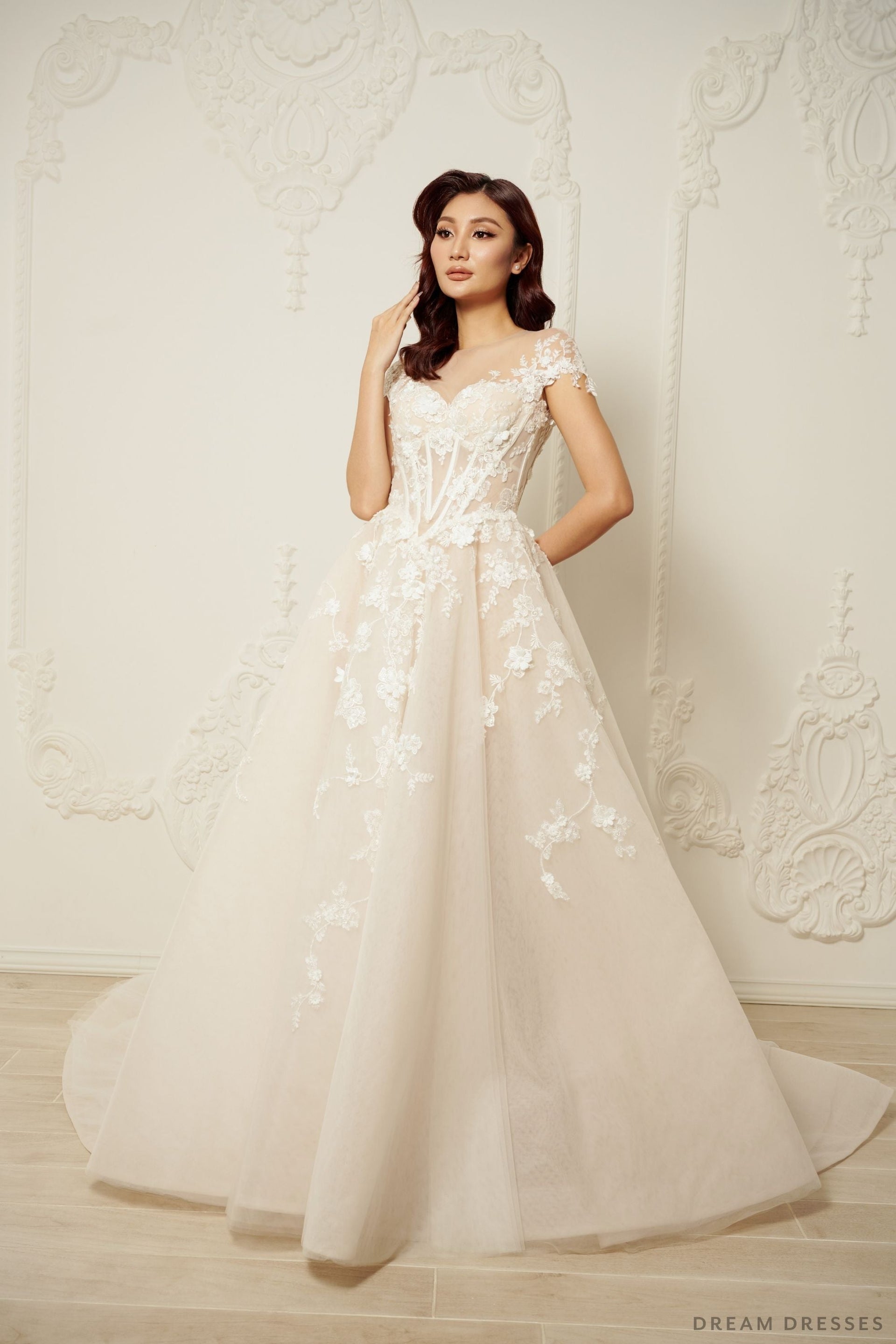Illusion Neckline Ball Gown with Floral Lace (#JOELLE) - Dream Dresses by P.M.N.