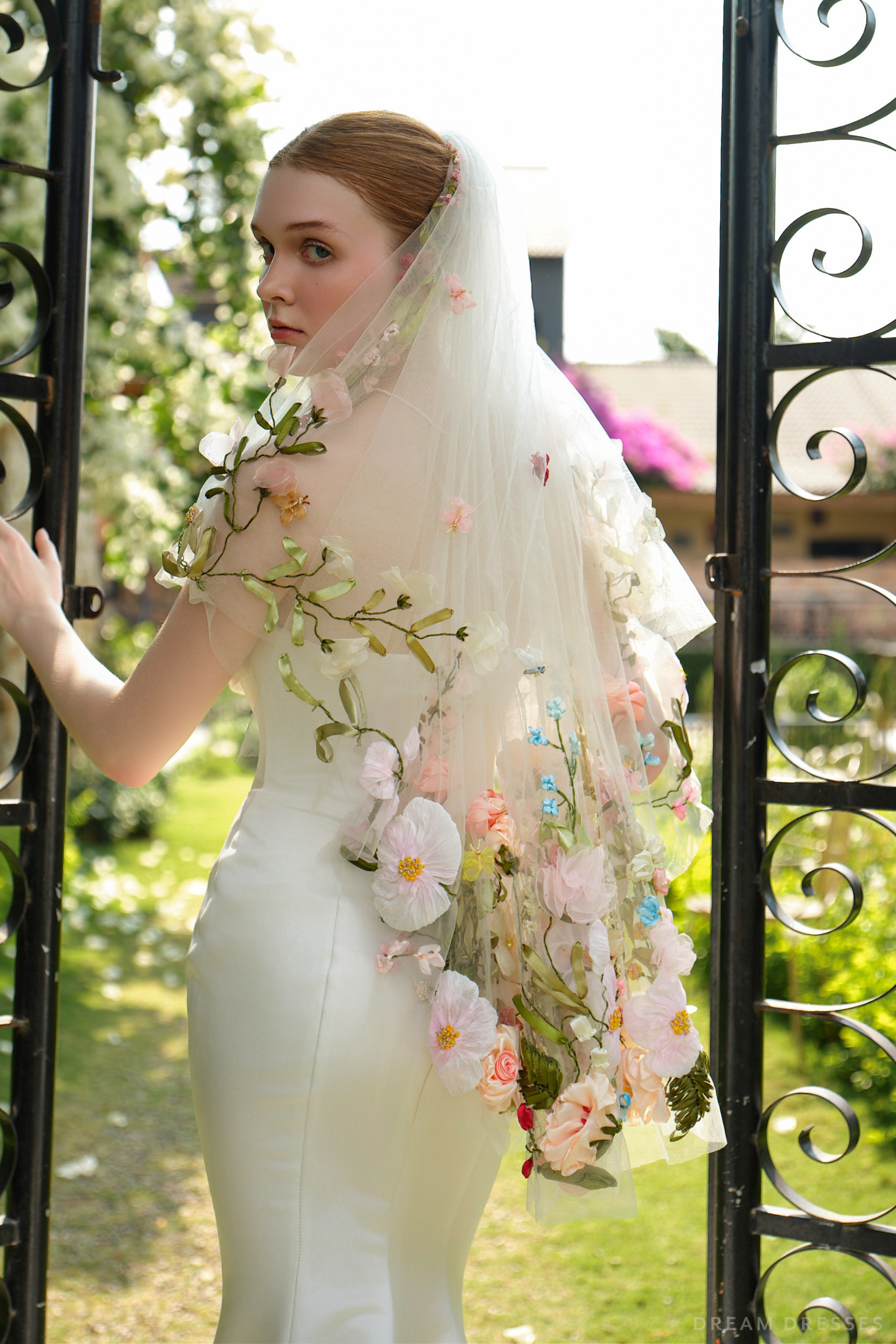 Fingertip Veil with 3D Floral & Ribbon Embellishment (#VALERIA) - Dream Dresses by P.M.N.