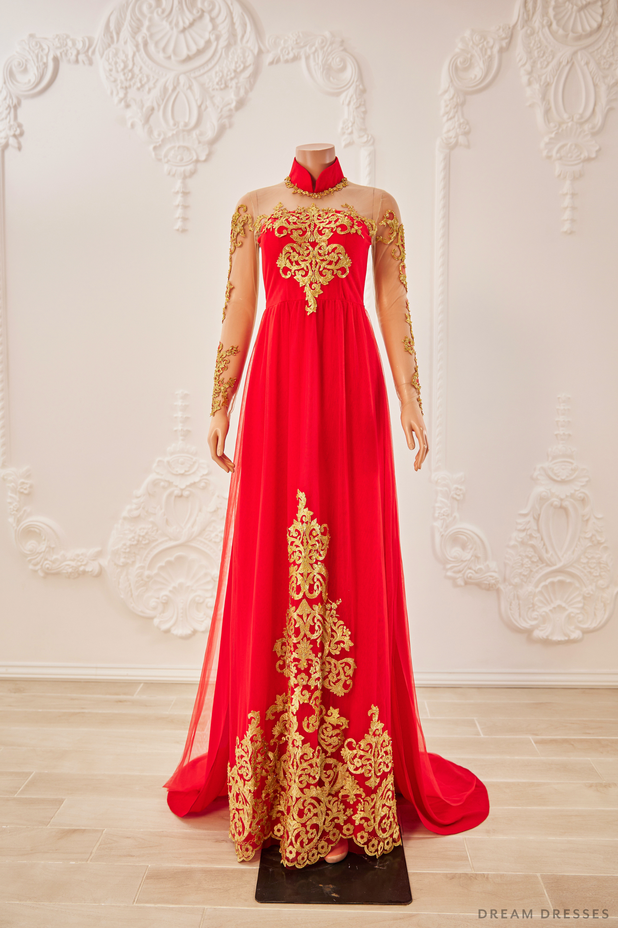 Red Bridal Ao Dai with Gold Lace | Vietnamese Bridal Dress (#LIANA)