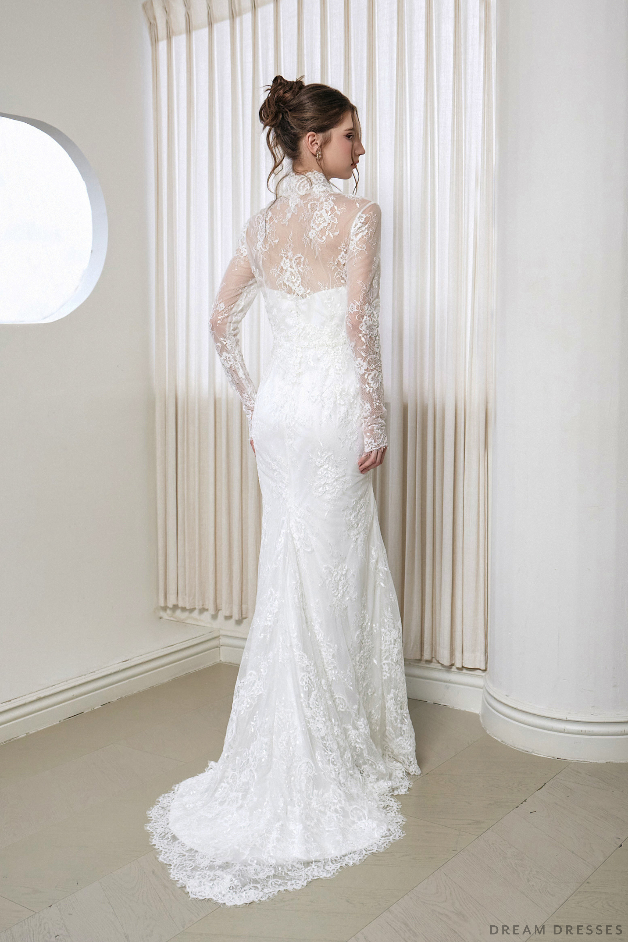 Modest Long Sleeve Wedding Dress with French Lace (#AIYANA)