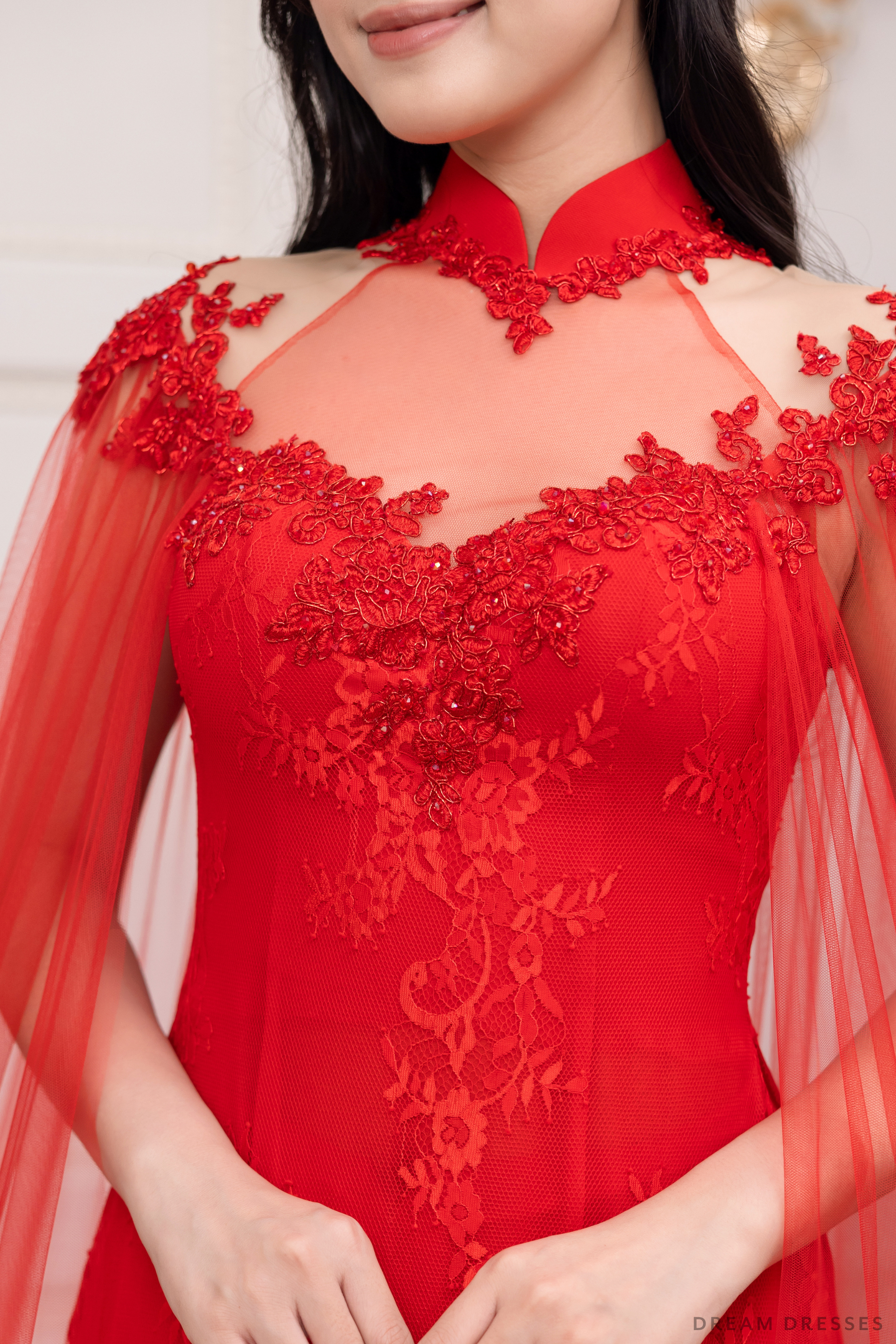 Red Bridal Ao Dai with Cape Sleeves | Vietnamese Bridal Dress (#SHANG) - Dream Dresses by P.M.N.