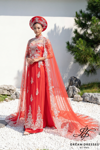 Red Bridal Ao Dai with Gold Lace | Vietnamese Bridal Dress (#ELAN)