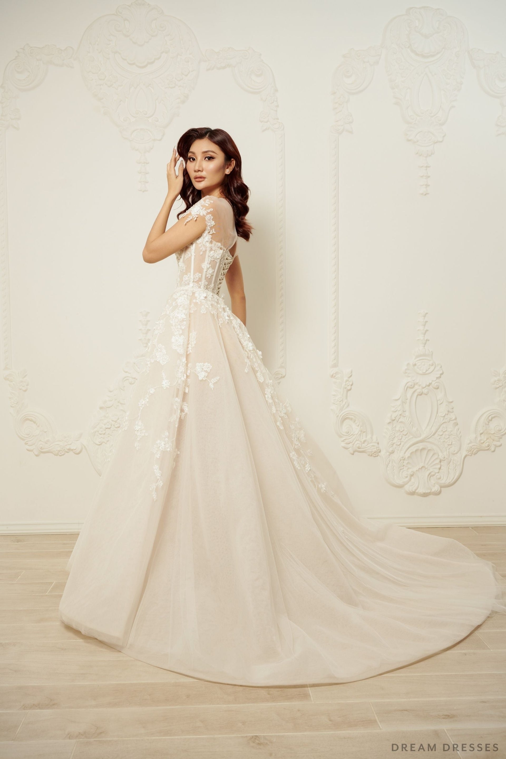 Illusion Neckline Ball Gown with Floral Lace (#JOELLE) - Dream Dresses by P.M.N.