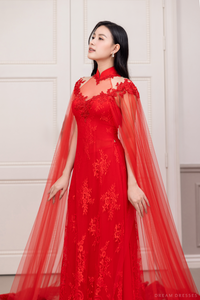 Red Bridal Ao Dai with Cape Sleeves | Vietnamese Bridal Dress (#SHANG) - Dream Dresses by P.M.N.