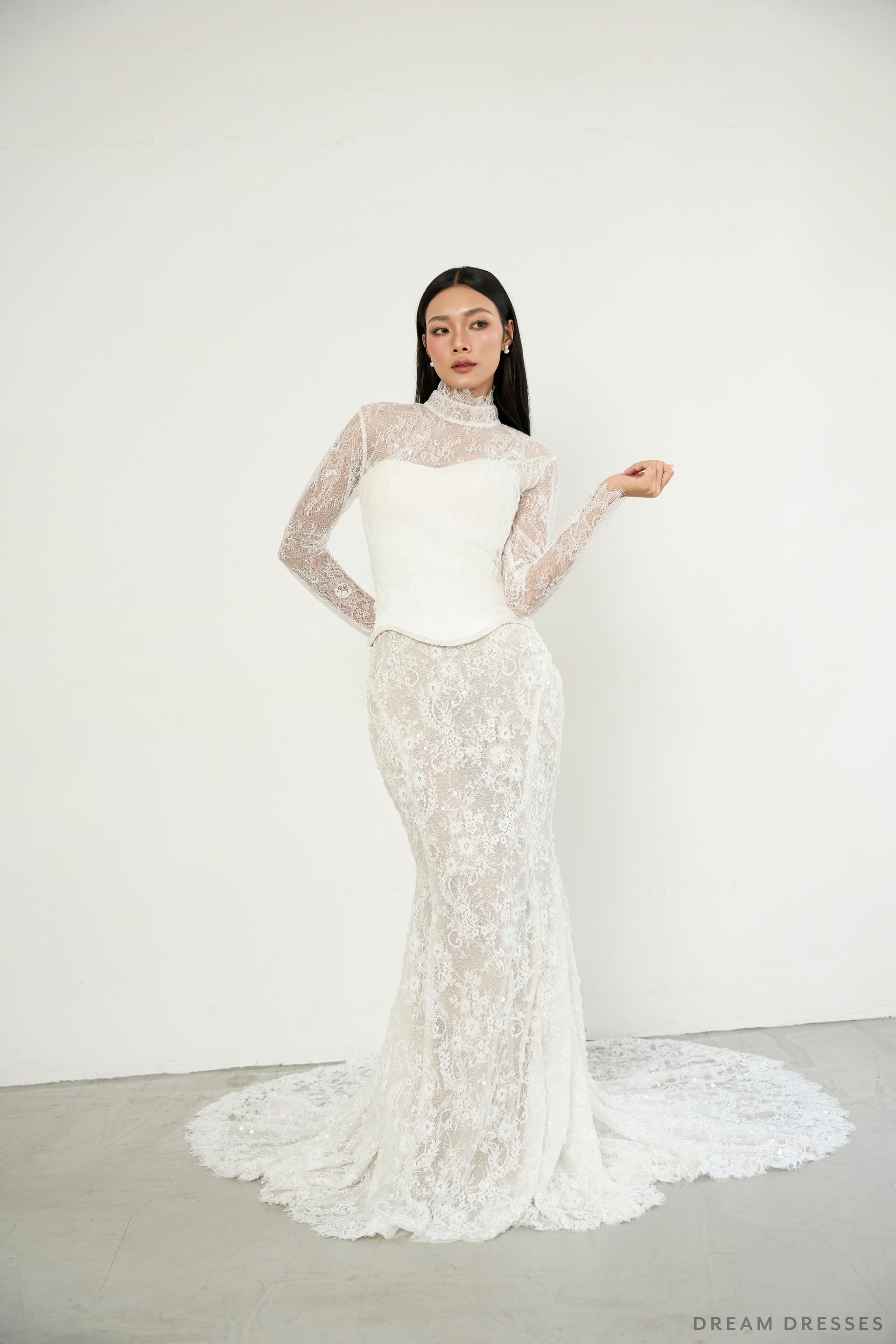 DreamDress By PMN Ophelia Wedding Cape Light High Collar Intricate Chantilly Lace Long Sleeves