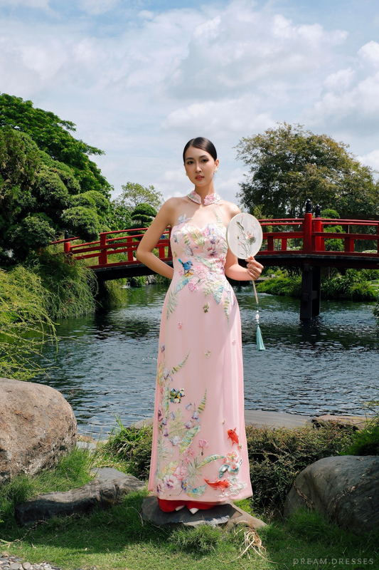 Pink Bridal Embroidery Ao Dai | Modern Vietnamese Bridal Dress (#CELESTYA) - Dream Dresses by P.M.N.