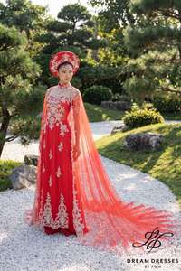 Red Bridal Ao Dai with Gold Lace | Vietnamese Bridal Dress (#ELAN)
