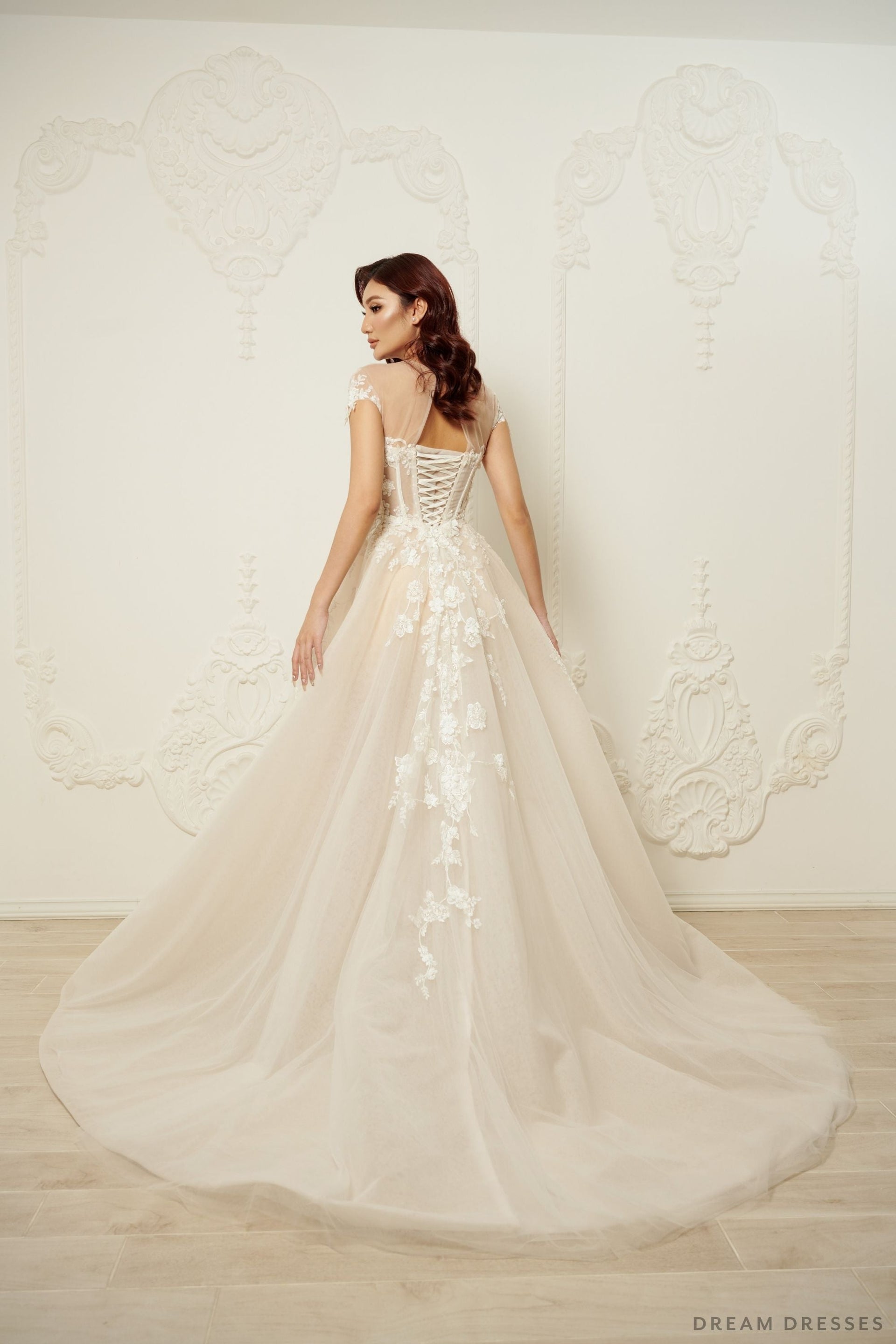 Illusion Neckline Ball Gown with Floral Lace (#JOELLE) - Dream Dresses by P.M.N.