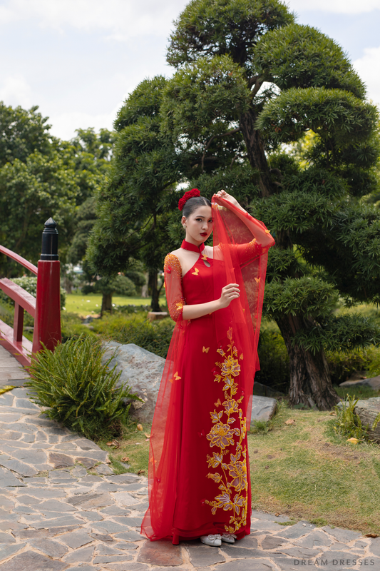 Red Bridal Ao Dai with Gold Lace | Modern Vietnamese Bridal Dress (#SEDNEE) - Dream Dresses by P.M.N.