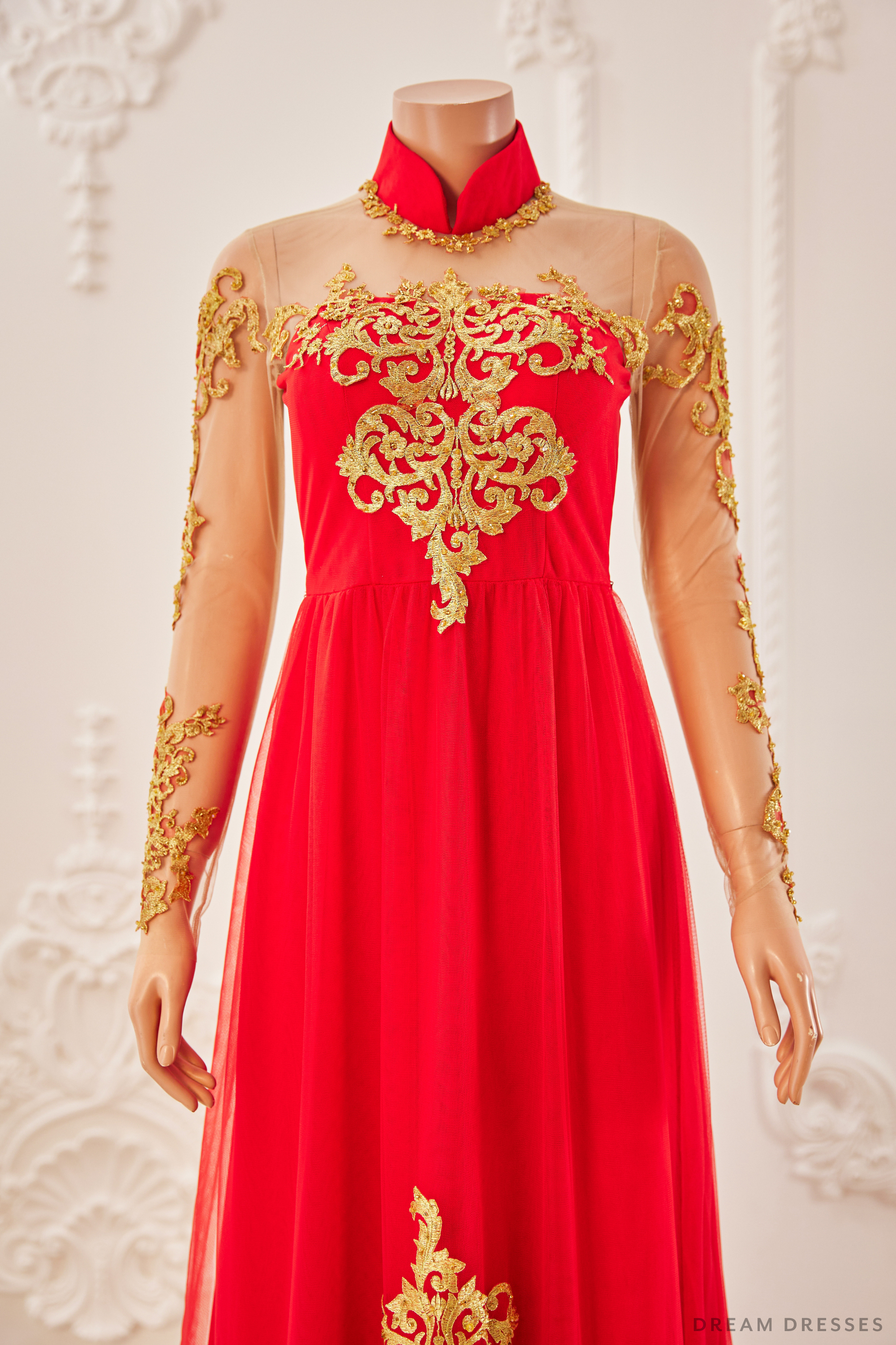 DreamDress By PMN Liana Ao Dai Inspired Red Wedding Dress Gown Illusion Neckline Back Golden Accents Adrons Embroidery Chapel Red Pants | Size: 8 DreamDress By PMN Liana Ao Dai Inspired Red Wedding Dress Gown Illusion Neckline Back Golden Accents Adrons Embroidery Chapel Red Pants | Size: 8