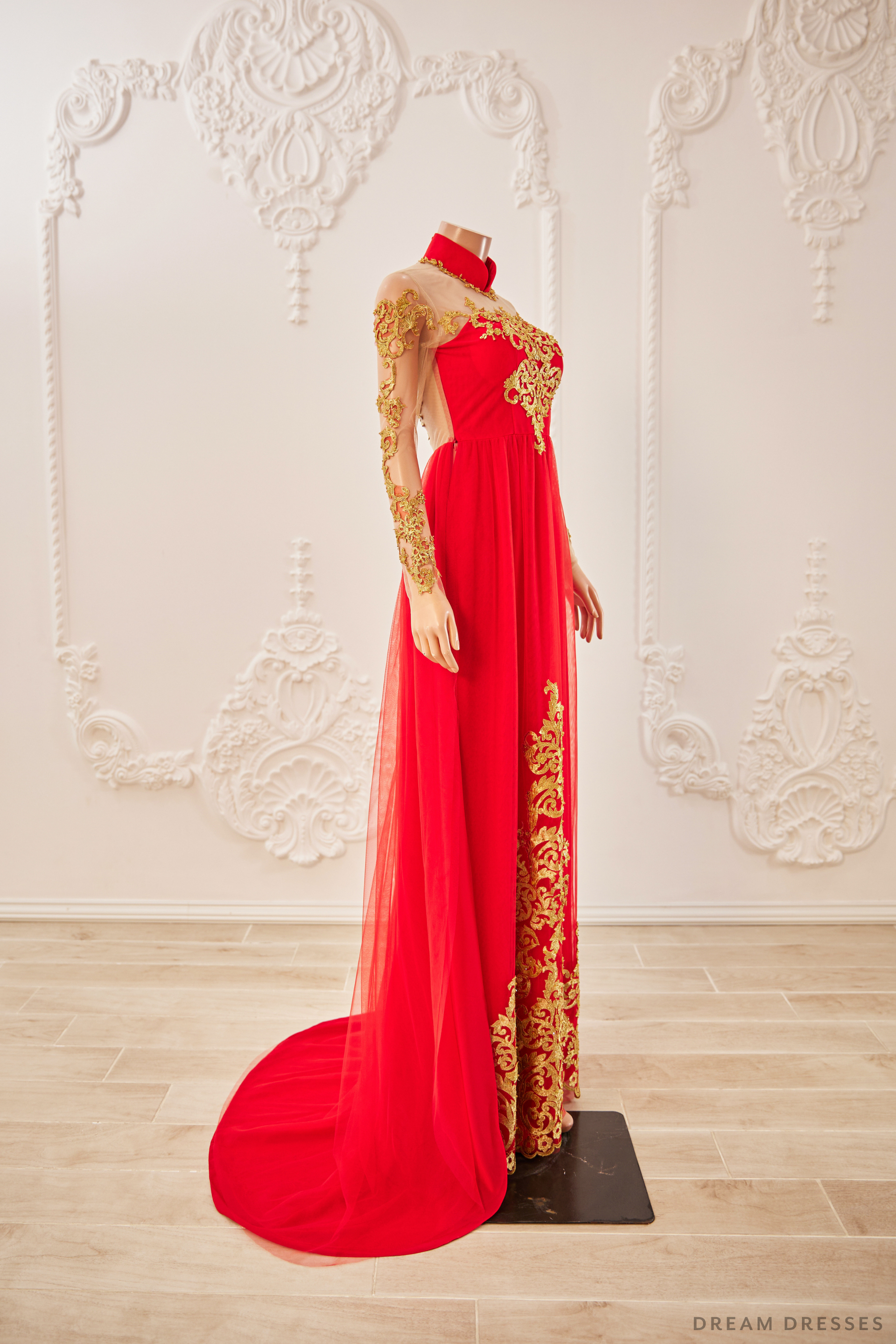 DreamDress By PMN Liana Ao Dai Inspired Red Wedding Dress Gown Illusion Neckline Back Golden Accents Adrons Embroidery Chapel Red Pants