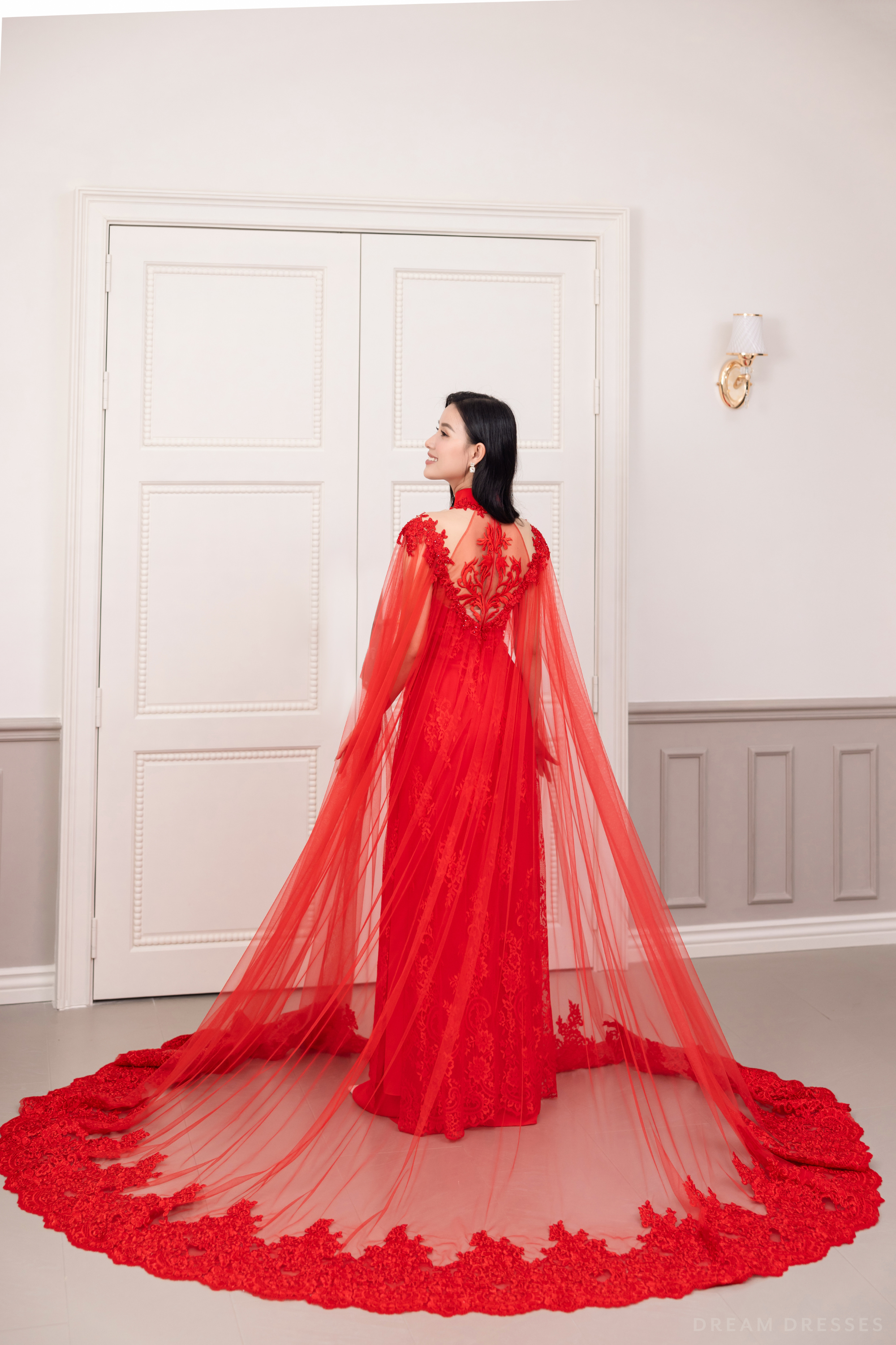 Red Bridal Ao Dai with Cape Sleeves | Vietnamese Bridal Dress (#SHANG)