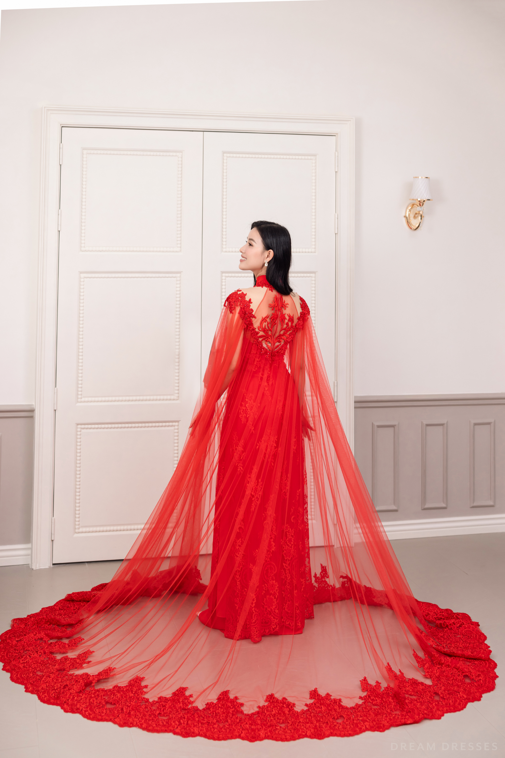 Red Bridal Ao Dai with Cape Sleeves | Vietnamese Bridal Dress (#SHANG) - Dream Dresses by P.M.N.