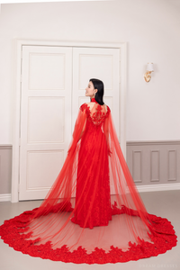 Red Bridal Ao Dai with Cape Sleeves | Vietnamese Bridal Dress (#SHANG) - Dream Dresses by P.M.N.