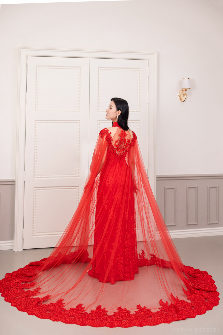 Red Bridal Ao Dai with Cape Sleeves | Vietnamese Bridal Dress (#SHANG) - Dream Dresses by P.M.N.