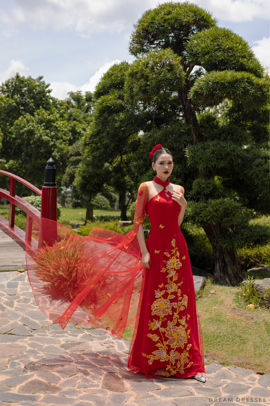 Red Bridal Ao Dai with Gold Lace | Modern Vietnamese Bridal Dress (#SEDNEE) - Dream Dresses by P.M.N.