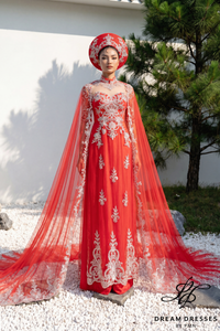 Red Bridal Ao Dai with Gold Lace | Vietnamese Bridal Dress (#ELAN)