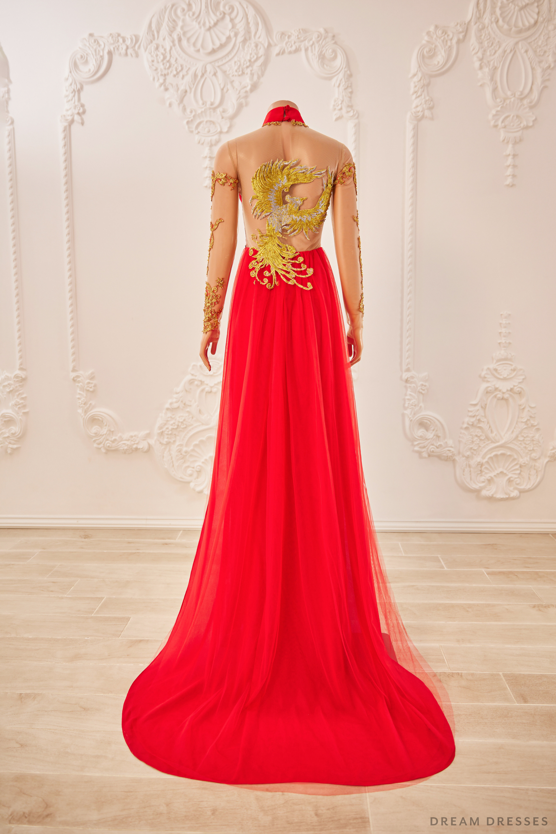 Red Bridal Ao Dai with Gold Lace | Vietnamese Bridal Dress (#LIANA) - Dream Dresses by P.M.N.