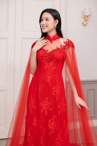 Red Bridal Ao Dai with Cape Sleeves | Vietnamese Bridal Dress (#SHANG) - Dream Dresses by P.M.N.