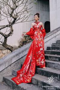 Red Cheongsam-Inspired Ao Dai with Bow Cape (#TRAM) - Dream Dresses by P.M.N.