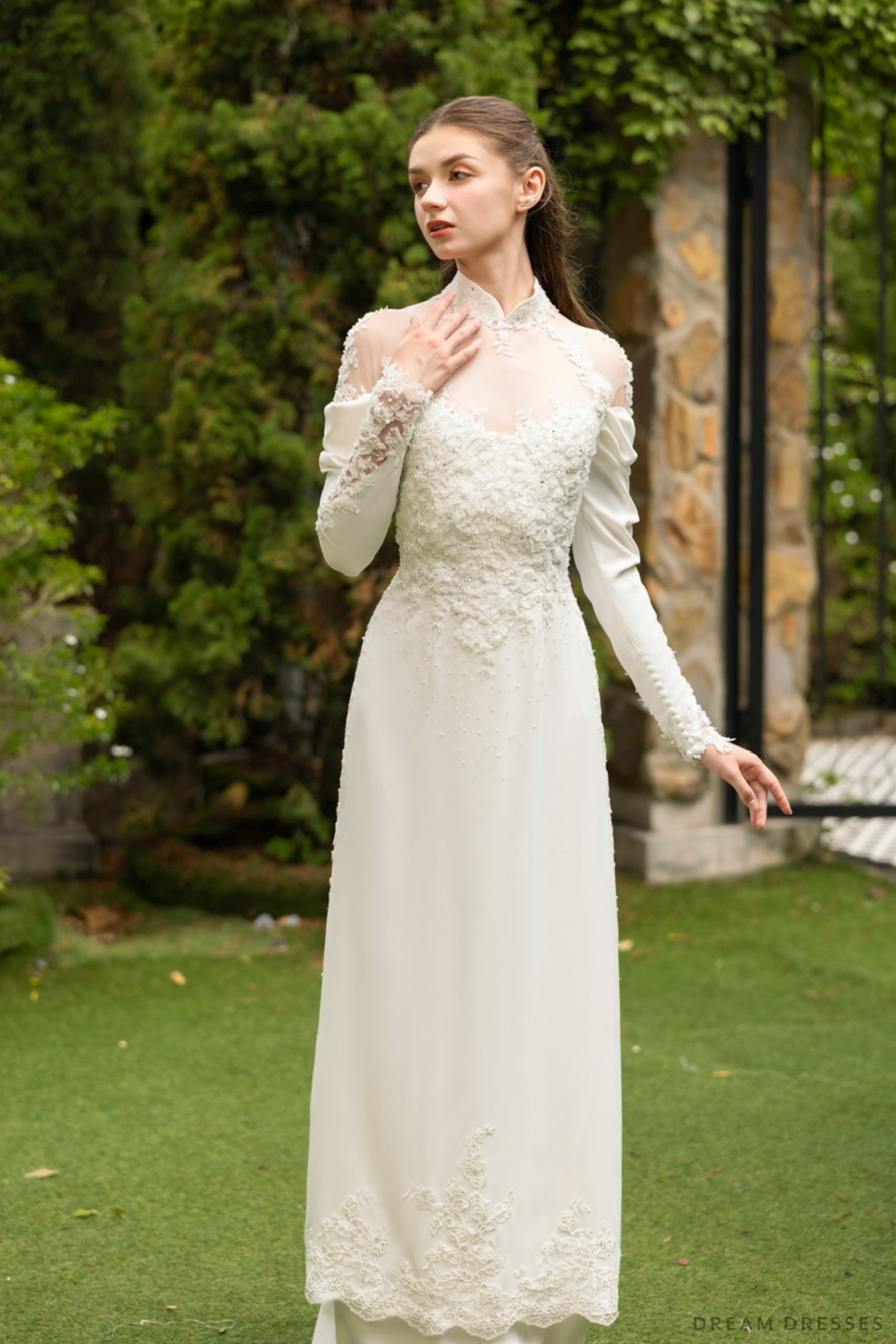 white silk dresses DreamDress By PMN Ally Ao Dai Inspired White Wedding Dress Gown Illusion Neckline & Back Beaded Lace Beaded Lace On Bodice White Pants