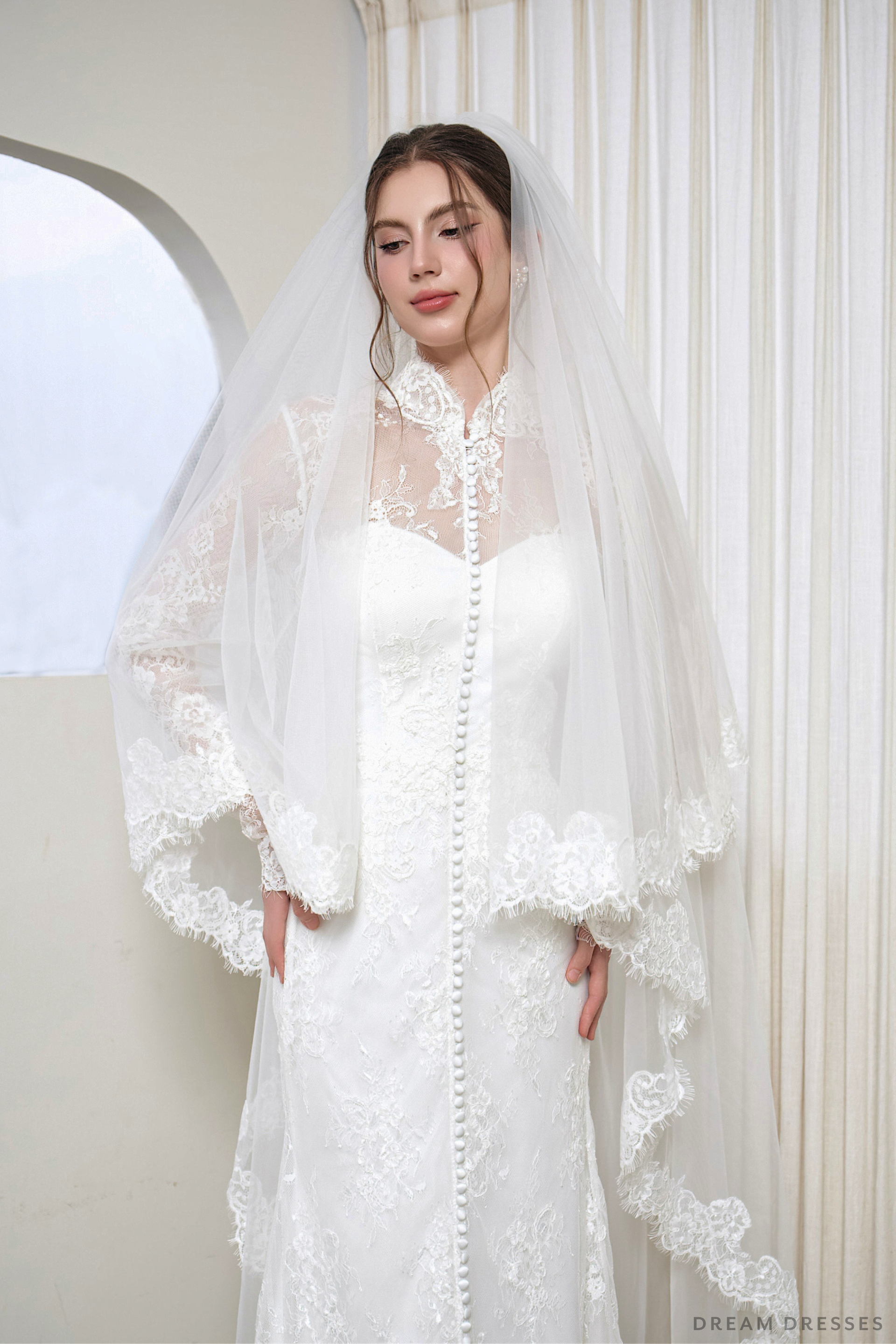 2-Tier Chantilly Lace Wedding Veil (#INNA) - Dream Dresses by P.M.N.