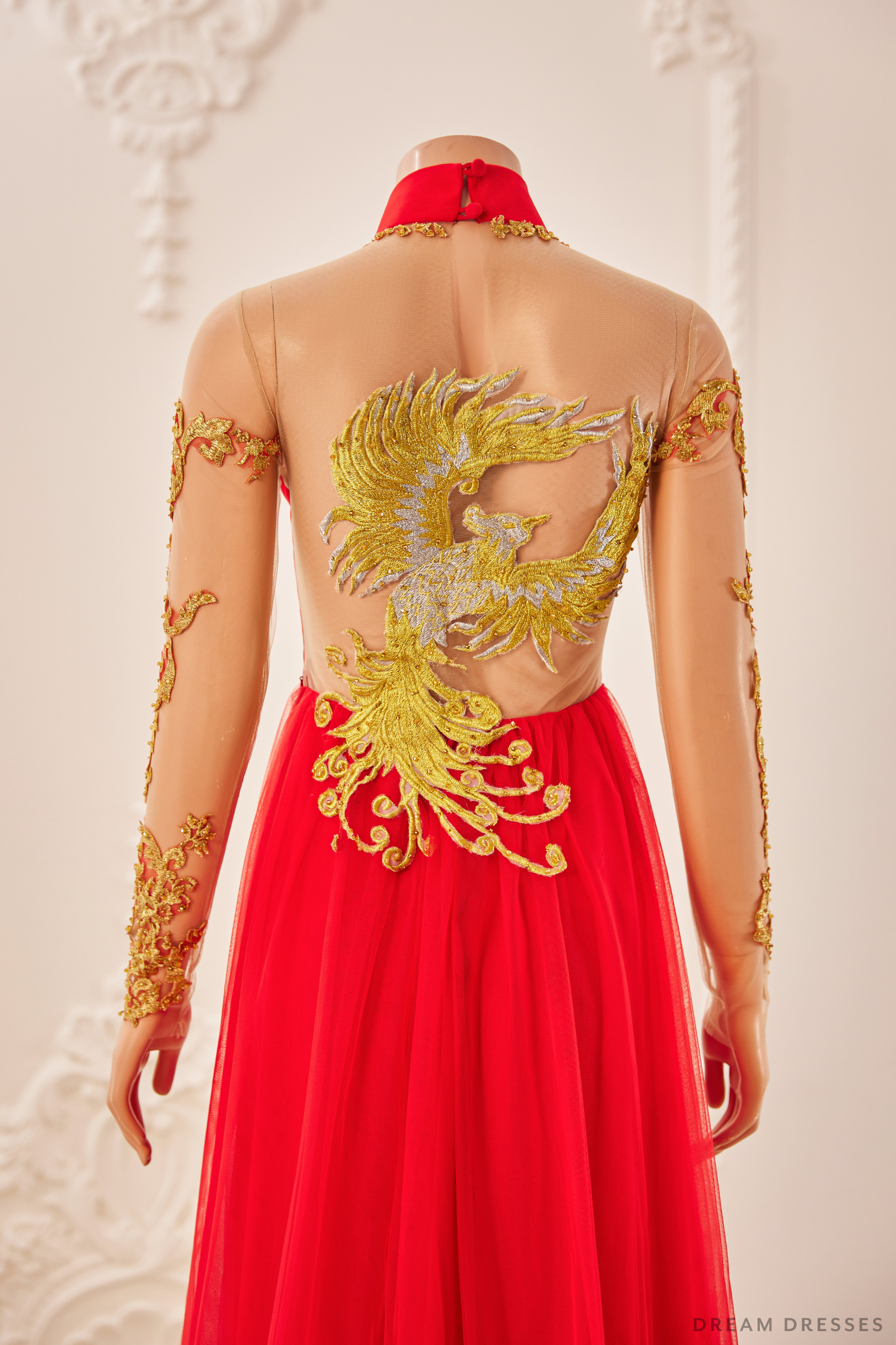 DreamDress By PMN Liana Ao Dai Inspired Red Wedding Dress Gown Illusion Neckline Back Golden Accents Adrons Embroidery Chapel Red Pants | Size: 8 DreamDress By PMN Liana Ao Dai Inspired Red Wedding Dress Gown Illusion Neckline Back Golden Accents Adrons Embroidery Chapel Red Pants | Size: 8